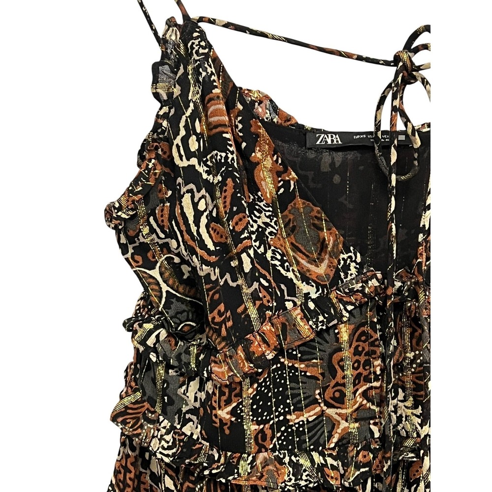 ZARA Maxi Dress Womens XS Black Brown Gold Metallic Paisley Boho Ruffle Tassel - Picture 4 of 10